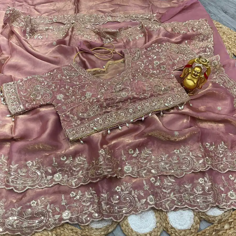 RICH LOOK FENDY SATIN EMBROIDERY AND SILVER ZARI THREAD WORK WITH ARC CUT BORDER SAREE WITH UNSTITCHED BLOUSE WEDDING WEAR WHOLESALE PRICE ETHNIC GARMENT (12)