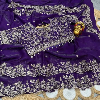 RICH LOOK FENDY SATIN EMBROIDERY AND SILVER ZARI THREAD WORK WITH ARC CUT BORDER SAREE WITH UNSTITCHED BLOUSE PURPLE