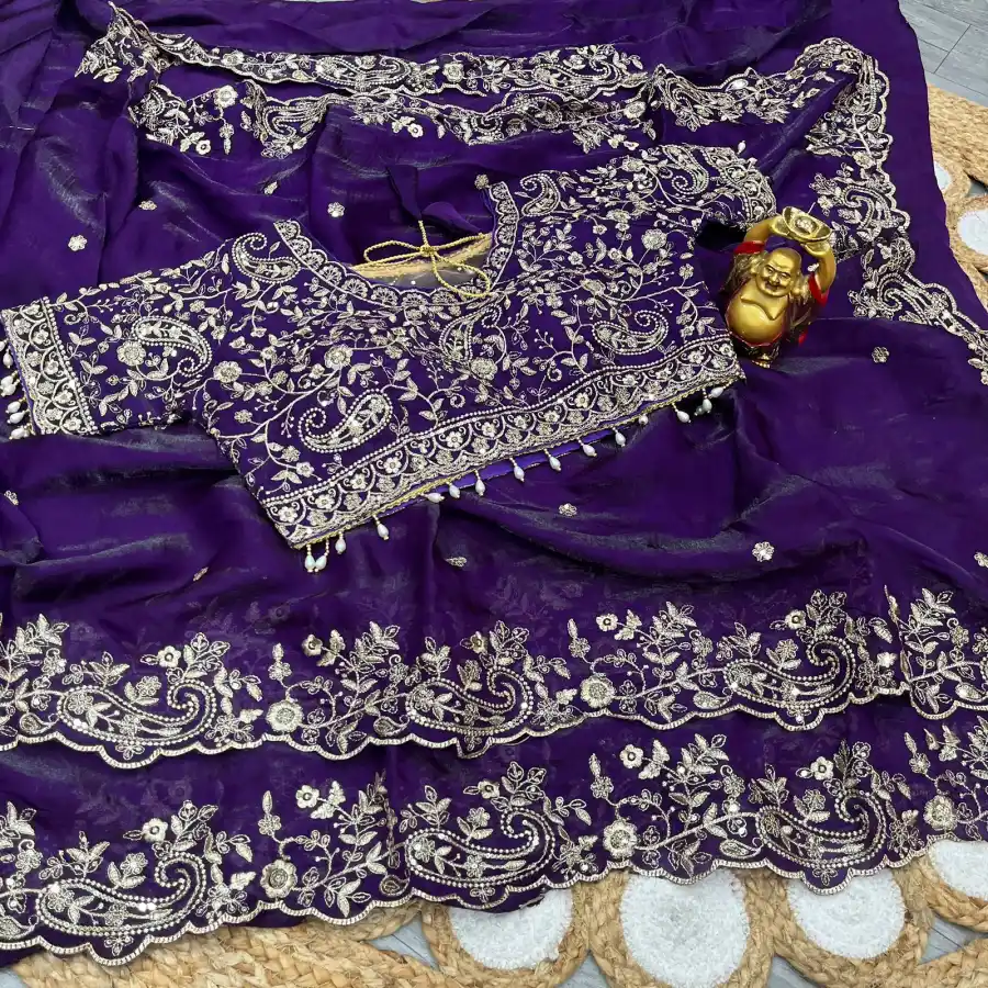 RICH LOOK FENDY SATIN EMBROIDERY AND SILVER ZARI THREAD WORK WITH ARC CUT BORDER SAREE WITH UNSTITCHED BLOUSE WEDDING WEAR WHOLESALE PRICE ETHNIC GARMENT (13)
