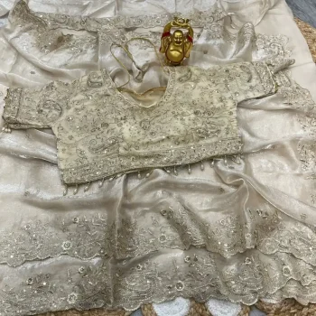 RICH LOOK FENDY SATIN EMBROIDERY AND SILVER ZARI THREAD WORK WITH ARC CUT BORDER SAREE WITH UNSTITCHED BLOUSE WHITE