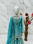 RICH LOOK FENDY SILK EMBROIDERY SEQUENCE WORK KID’S TOP SHARARA WITH DUPATTA FESTIVE WEAR WHOLESALE PRICE ETHNIC GARMENT (2)