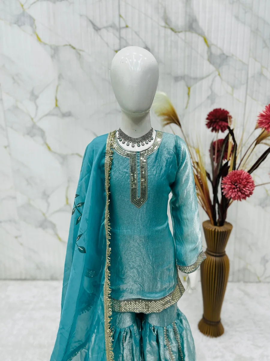 RICH LOOK FENDY SILK EMBROIDERY SEQUENCE WORK KID'S TOP SHARARA WITH DUPATTA FESTIVE WEAR WHOLESALE PRICE ETHNIC GARMENT (10)