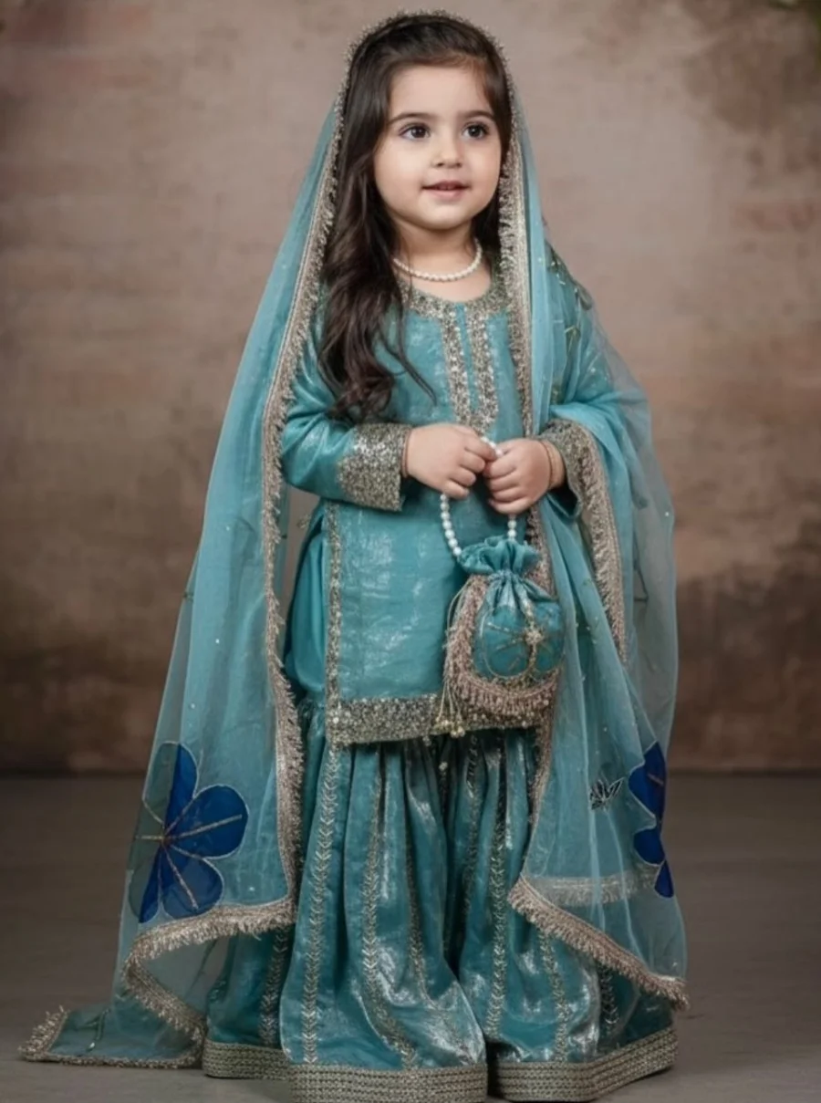 RICH LOOK FENDY SILK EMBROIDERY SEQUENCE WORK KID'S TOP SHARARA WITH DUPATTA FESTIVE WEAR WHOLESALE PRICE ETHNIC GARMENT (2)