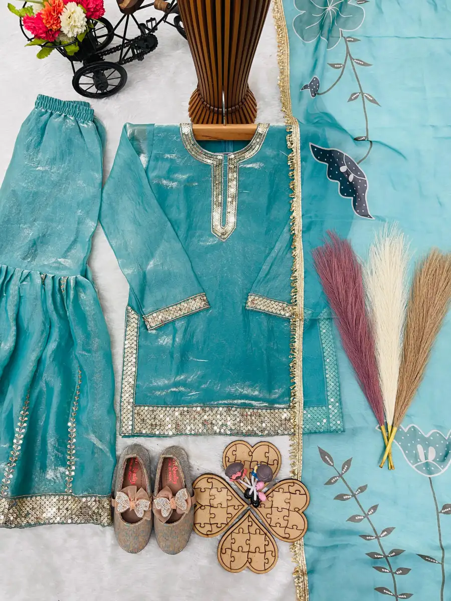 RICH LOOK FENDY SILK EMBROIDERY SEQUENCE WORK KID'S TOP SHARARA WITH DUPATTA FESTIVE WEAR WHOLESALE PRICE ETHNIC GARMENT (4)