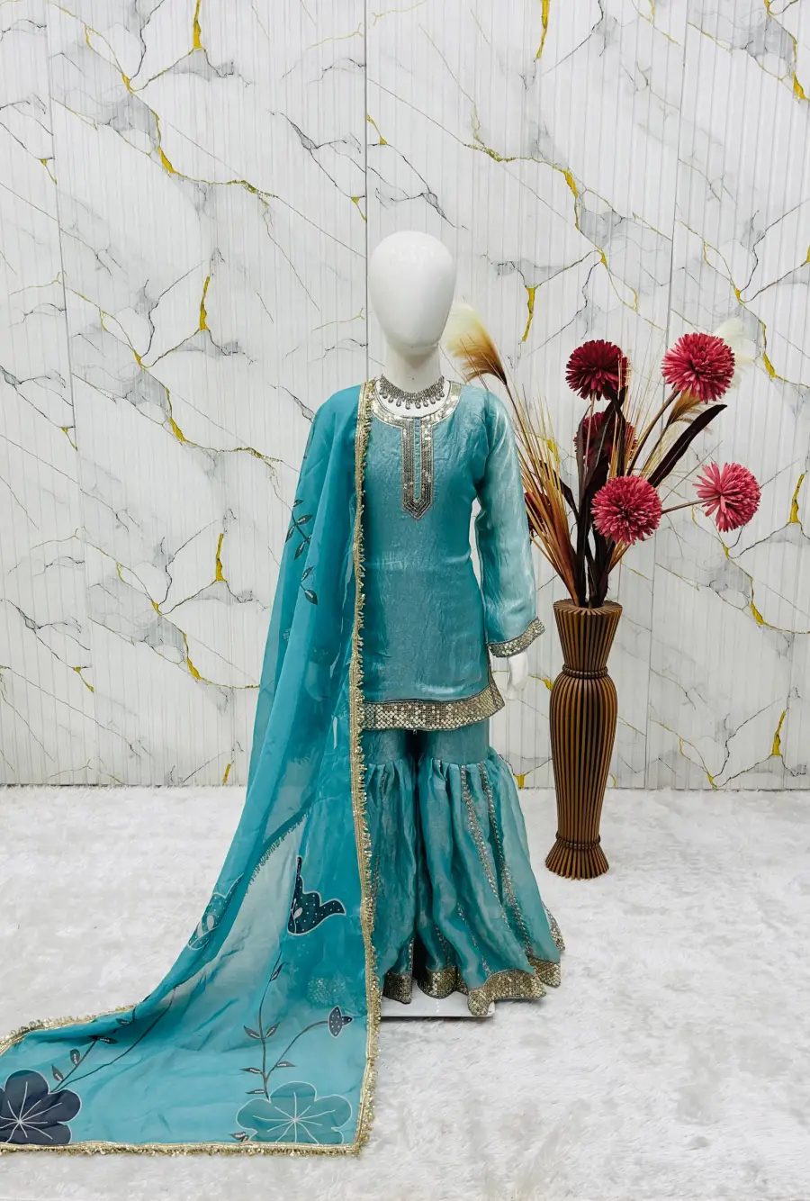 RICH LOOK FENDY SILK EMBROIDERY SEQUENCE WORK KID'S TOP SHARARA WITH DUPATTA FESTIVE WEAR WHOLESALE PRICE ETHNIC GARMENT (5)