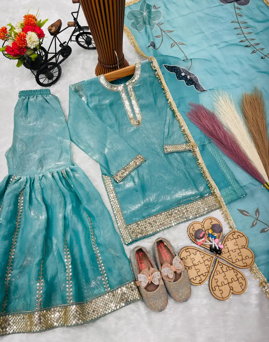 RICH LOOK FENDY SILK EMBROIDERY SEQUENCE WORK KID'S TOP SHARARA WITH DUPATTA FESTIVE WEAR WHOLESALE PRICE ETHNIC GARMENT (8)