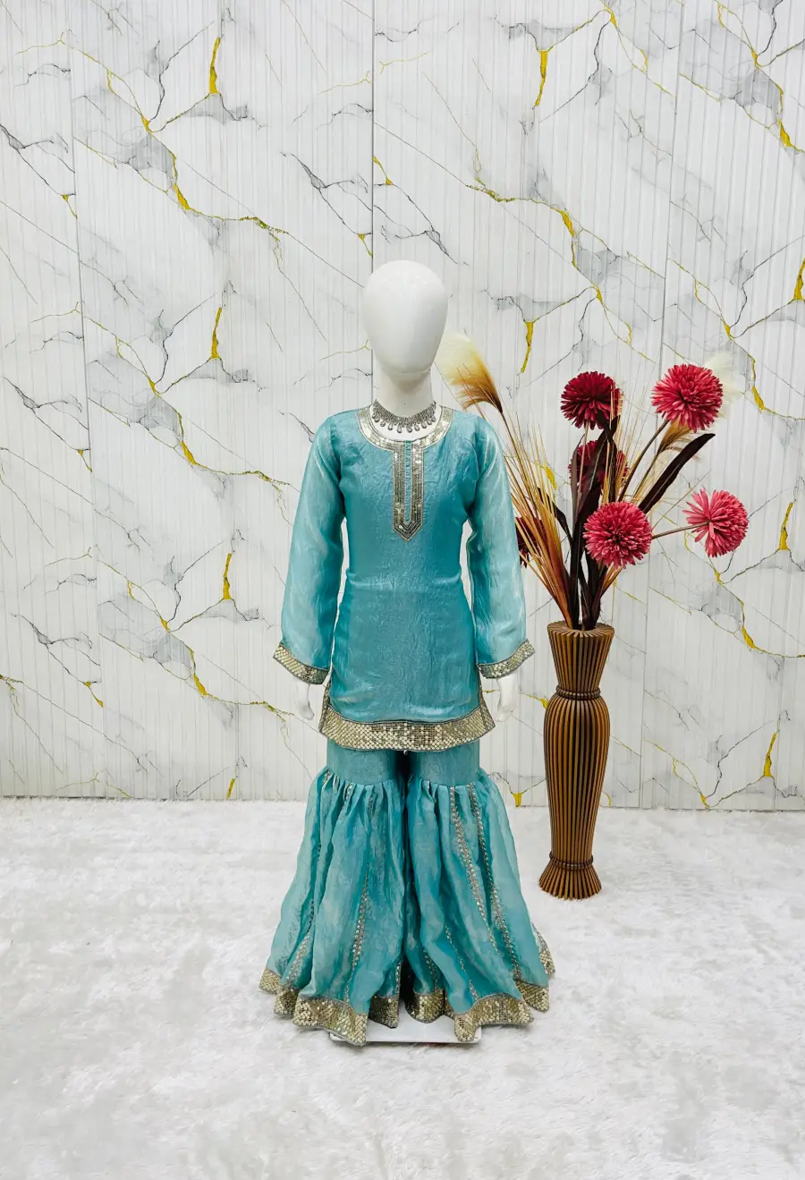RICH LOOK FENDY SILK EMBROIDERY SEQUENCE WORK KID'S TOP SHARARA WITH DUPATTA FESTIVE WEAR WHOLESALE PRICE ETHNIC GARMENT (9)