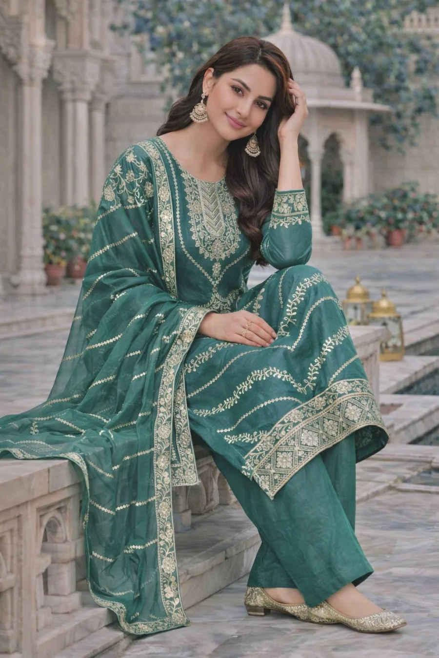 RICH LOOK FENDY SILK EMBROIDERY SEQUENCE WORK TOP PALAZZO WITH DUPATTA WEDDING WEAR WHOLESALE PRICE ETHNIC GARMENT (10)