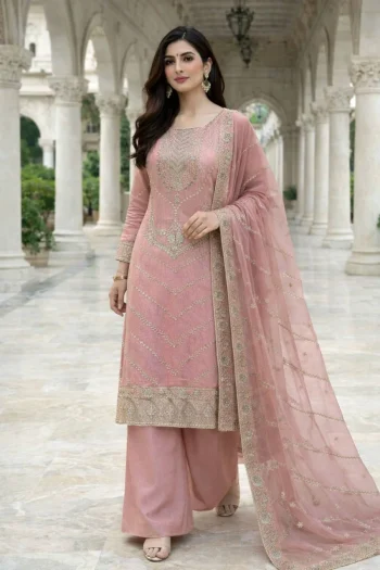 RICH LOOK FENDY SILK EMBROIDERY SEQUENCE WORK TOP PALAZZO WITH DUPATTA BABY PINK