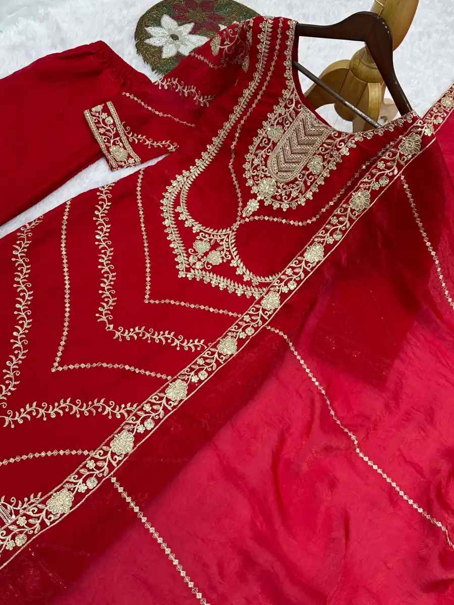 RICH LOOK FENDY SILK EMBROIDERY SEQUENCE WORK TOP PALAZZO WITH DUPATTA WEDDING WEAR WHOLESALE PRICE ETHNIC GARMENT (34)