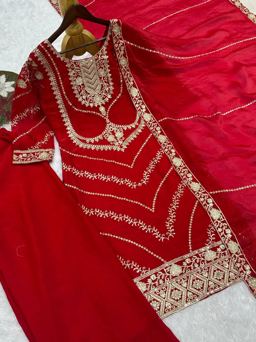 RICH LOOK FENDY SILK EMBROIDERY SEQUENCE WORK TOP PALAZZO WITH DUPATTA WEDDING WEAR WHOLESALE PRICE ETHNIC GARMENT (36)