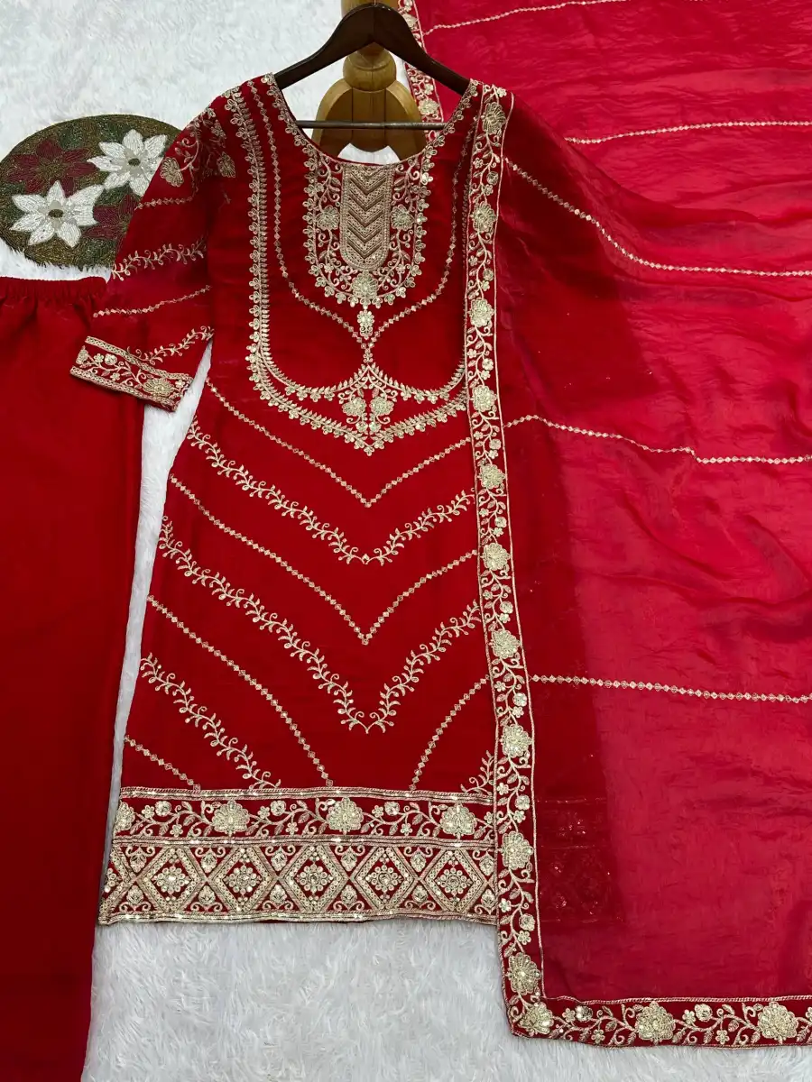 RICH LOOK FENDY SILK EMBROIDERY SEQUENCE WORK TOP PALAZZO WITH DUPATTA WEDDING WEAR WHOLESALE PRICE ETHNIC GARMENT (37)
