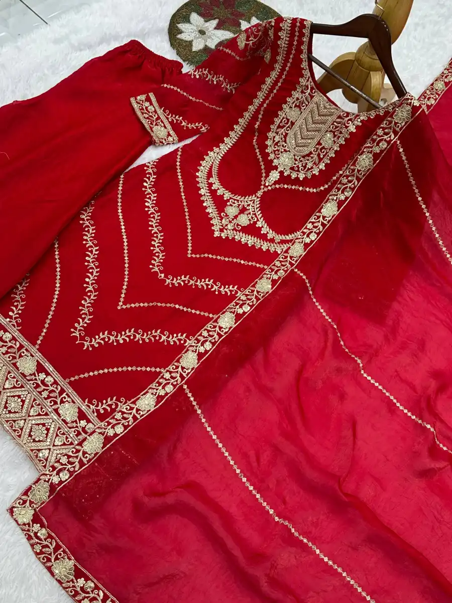 RICH LOOK FENDY SILK EMBROIDERY SEQUENCE WORK TOP PALAZZO WITH DUPATTA WEDDING WEAR WHOLESALE PRICE ETHNIC GARMENT (38)