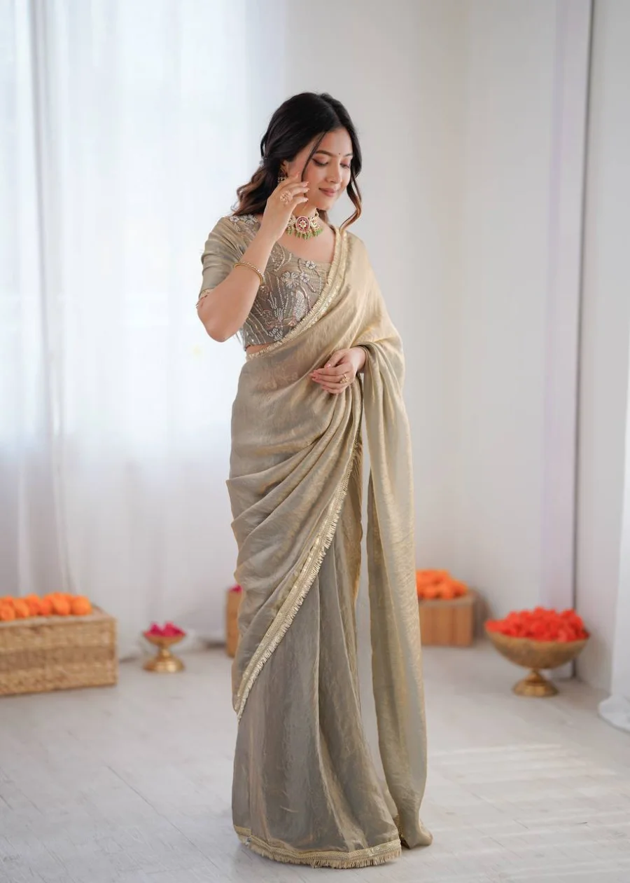 RICH LOOK FENDY SILK FANCY LACE WORK READY TO WEAR SAREE WITH UNSTITCHED BLOUSE PARTY WEAR WHOLESALE PRICE ETHNIC GARMENT (4)