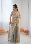 RICH LOOK FENDY SILK FANCY LACE WORK READY TO WEAR SAREE WITH UNSTITCHED BLOUSE GREY