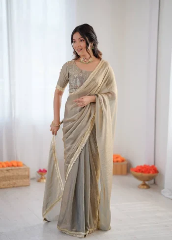 RICH LOOK FENDY SILK FANCY LACE WORK READY TO WEAR SAREE WITH UNSTITCHED BLOUSE GREY