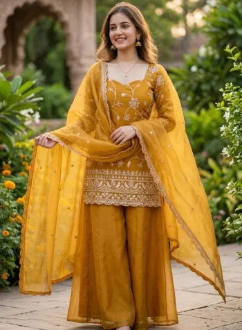 RICH LOOK FENDY SILK THREAD WITH 5 MM SEQUENCE MULTI NEEDLE EMBROIDERY ,ZARI WORK TOP PALAZZO WITH DUPATTA YELLOW