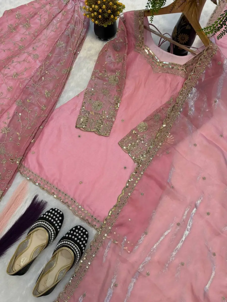RICH LOOK FENDY SILK THREAD WITH SEQUENCE EMBROIDERY, ZARI WORK TOP PALAZZO WITH DUPATTA FESTIVE WEAR WHOLESALE PRICE ETHNIC GARMENT (22)