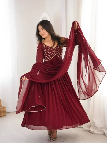 RICH LOOK GEORGETTE BEADS HAND WORK GOWN BOTTOM WITH DUPATTA MAROON