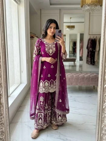 RICH LOOK GEORGETTE EMBROIDERY 5 MM SEQUENCES WORK TOP PALAZZO WITH DUPATTA WINE