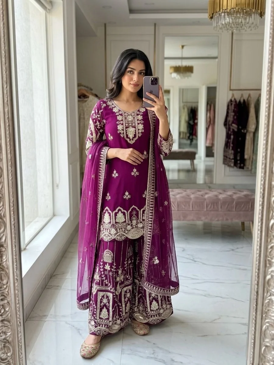 RICH LOOK GEORGETTE EMBROIDERY 5 MM SEQUENCES WORK TOP PALAZZO WITH DUPATTA WEDDING WEAR WHOLESALE PRICE ETHNIC GARMENT (3)