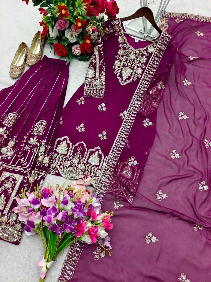 RICH LOOK GEORGETTE EMBROIDERY 5 MM SEQUENCES WORK TOP PALAZZO WITH DUPATTA WEDDING WEAR WHOLESALE PRICE ETHNIC GARMENT (5)