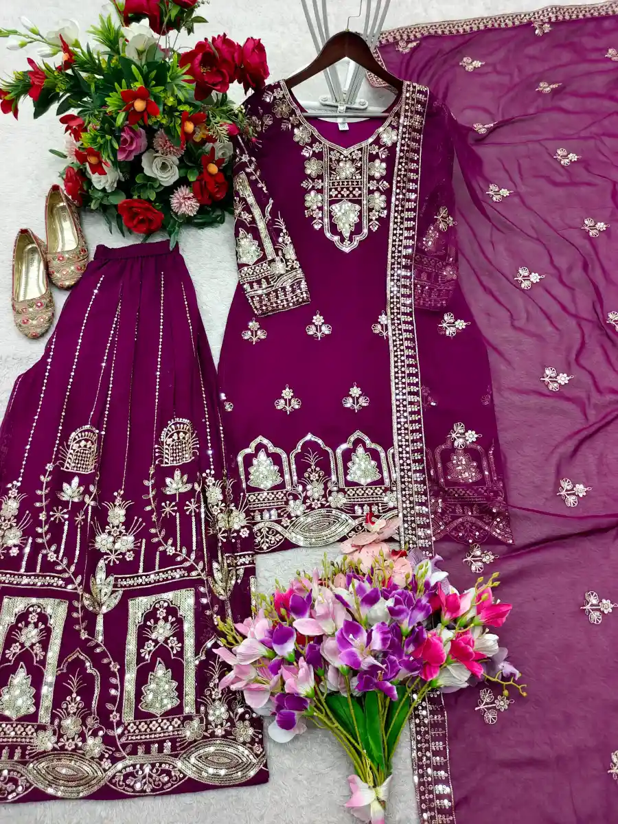 RICH LOOK GEORGETTE EMBROIDERY 5 MM SEQUENCES WORK TOP PALAZZO WITH DUPATTA WEDDING WEAR WHOLESALE PRICE ETHNIC GARMENT (7)