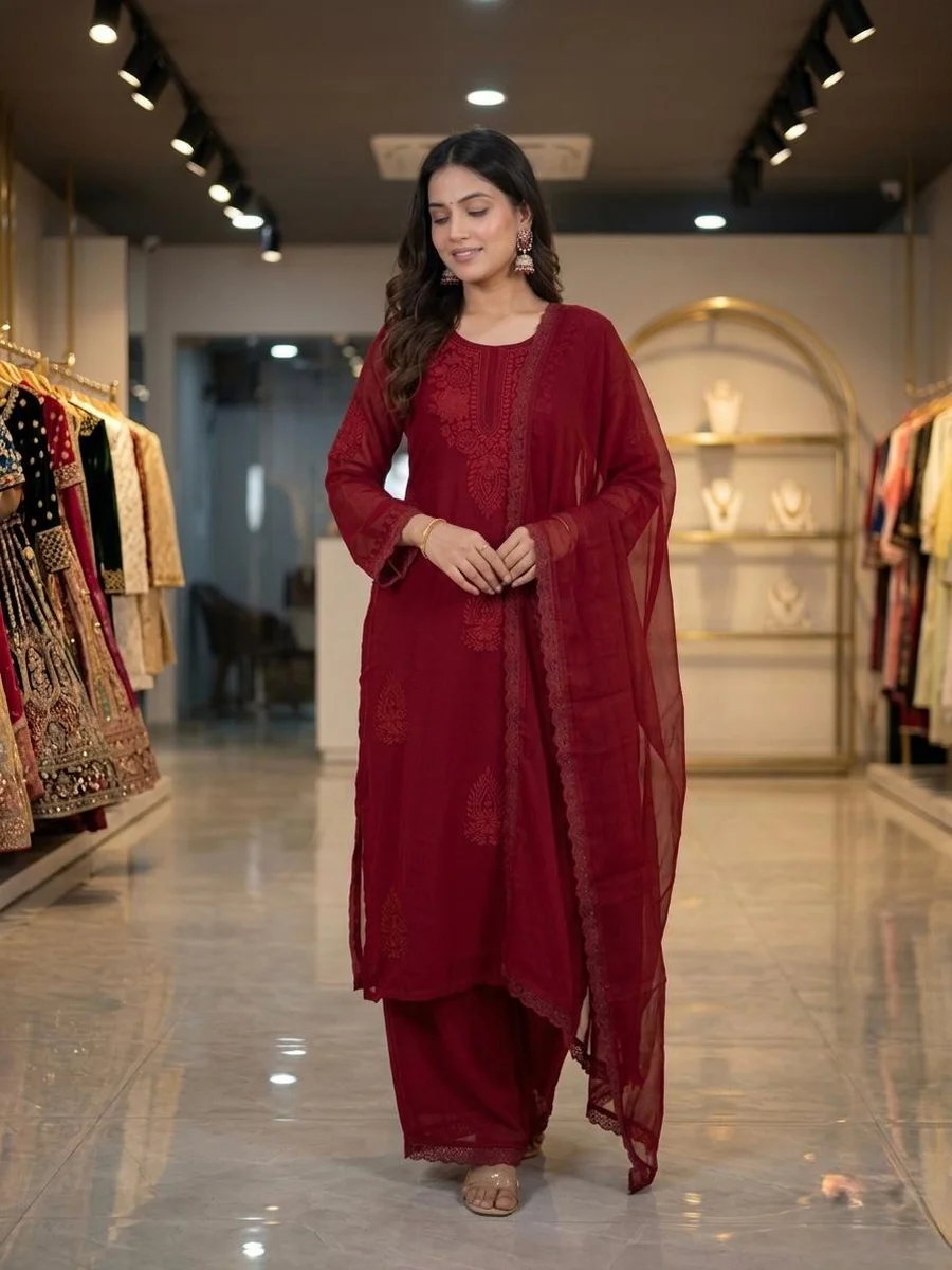 RICH LOOK GEORGETTE EMBROIDERY WORK TOP PALAZZO WITH DUPATTA OFFICE WEAR WHOLESALE PRICE ETHNIC GARMENT (4)