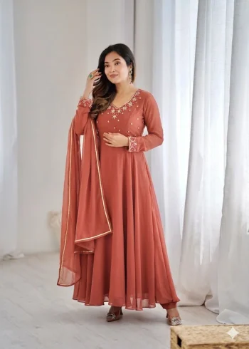 RICH LOOK GEORGETTE HANDWORK GOWN BOTTOM WITH DUPATTA DUSTY ROSE