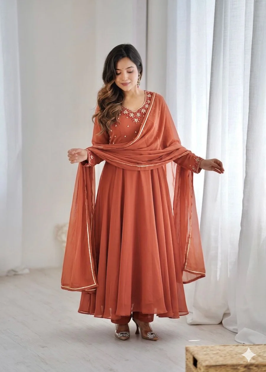 RICH LOOK GEORGETTE HANDWORK GOWN BOTTOM WITH DUPATTA FESTIVE WEAR WHOLESALE PRICE ETHNIC GARMENT (4)