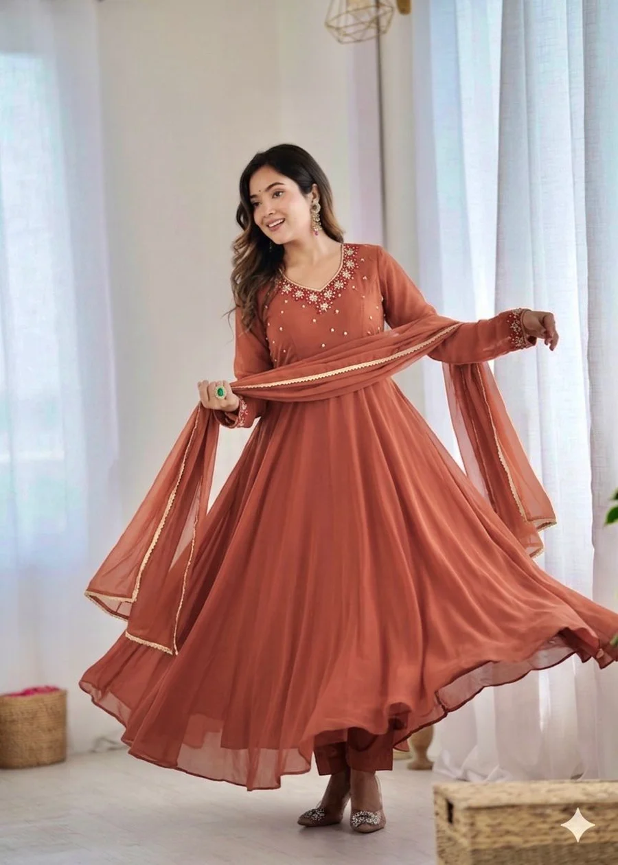 RICH LOOK GEORGETTE HANDWORK GOWN BOTTOM WITH DUPATTA FESTIVE WEAR WHOLESALE PRICE ETHNIC GARMENT (6)