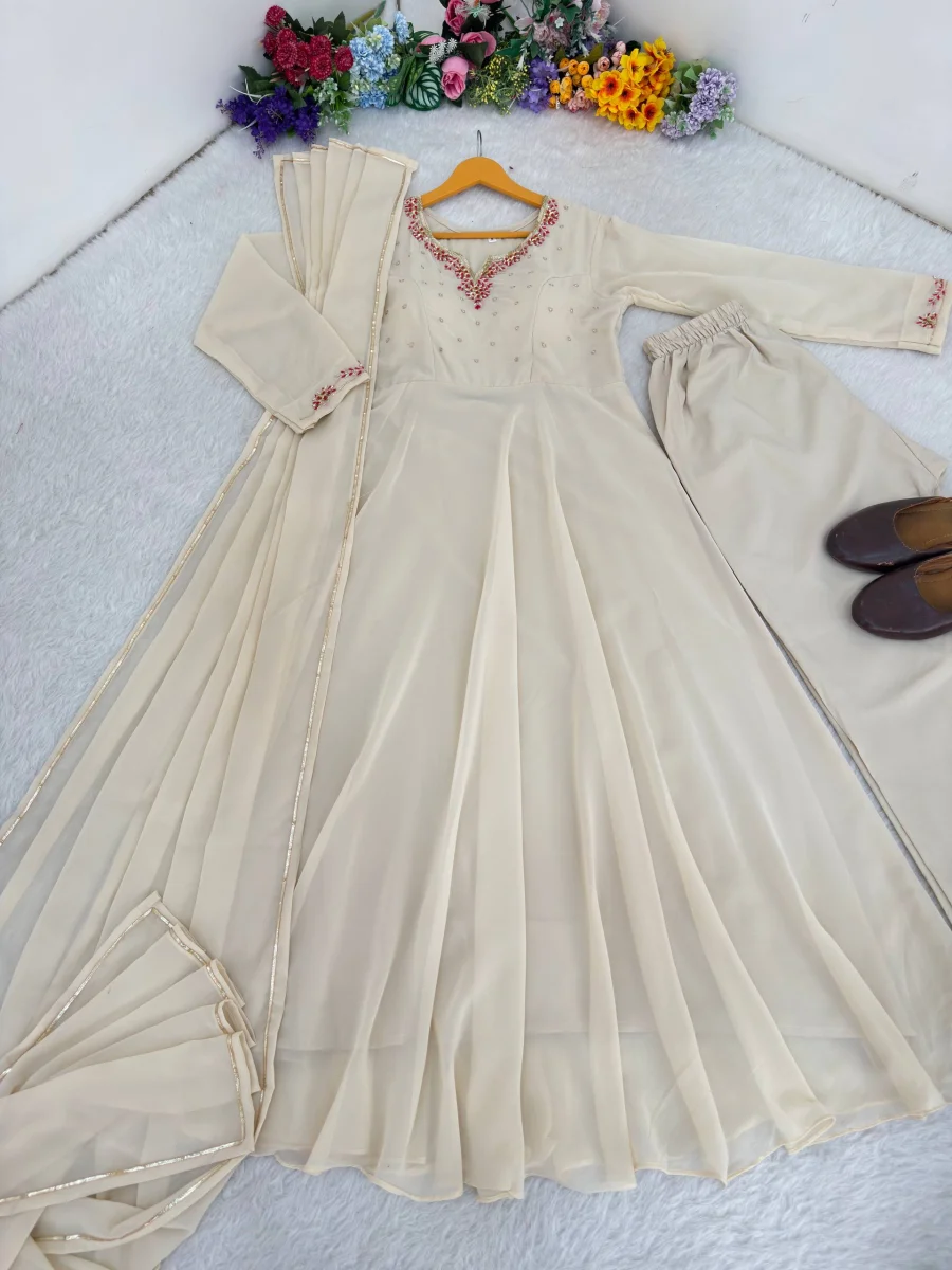 RICH LOOK GEORGETTE HANDWORK GOWN BOTTOM WITH DUPATTA WEDDING WEAR WHOLESALE PRICE ETHNIC GARMENT (1)
