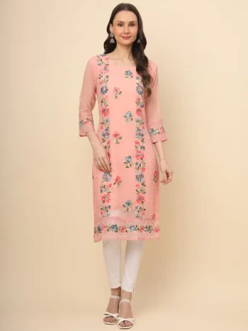 RICH LOOK GEORGETTE LUCKNOWI CHIKANKARI WORK ONLY KURTI PEACH