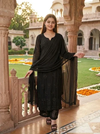 RICH LOOK GEORGETTE MULTI WORK TOP BOTTOM WITH DUPATTA SET BLACK