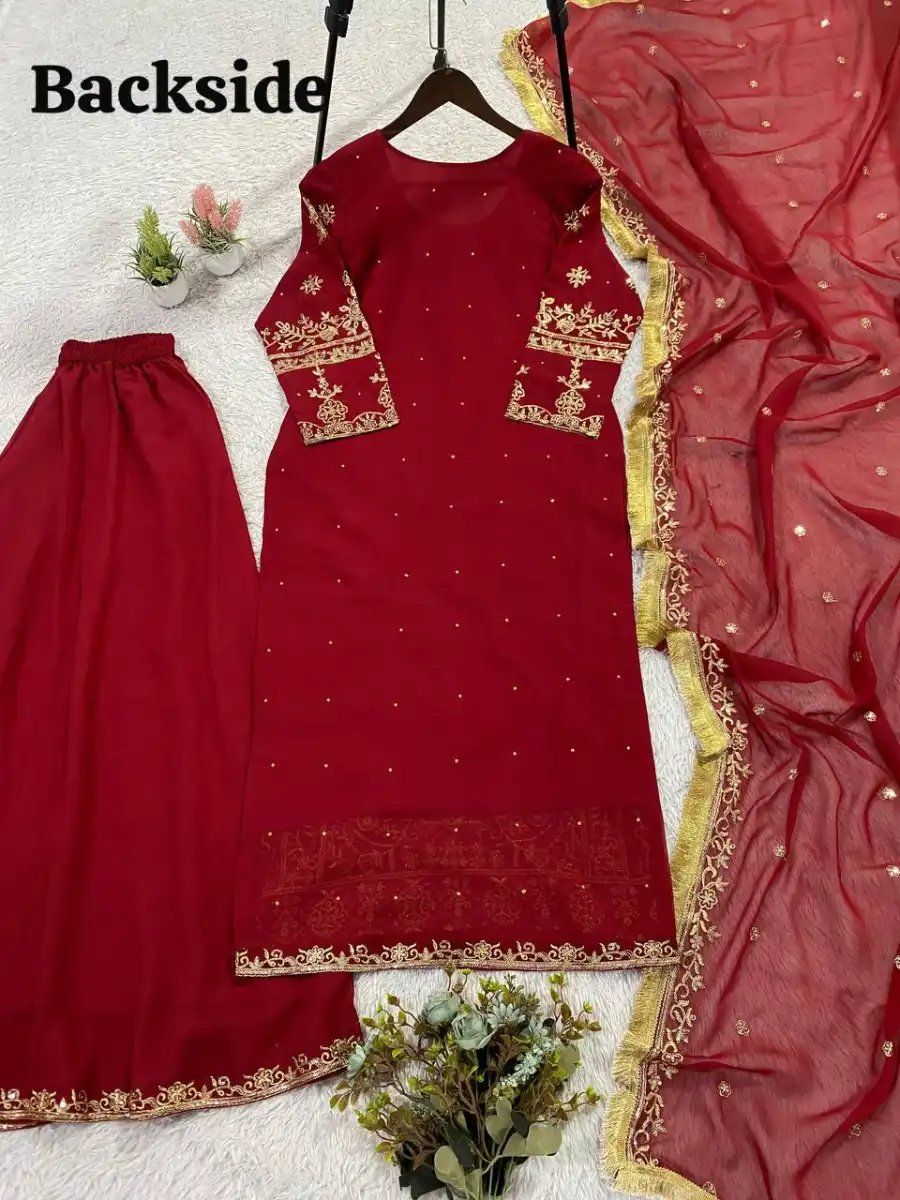 RICH LOOK GEORGETTE SEQUENCE EMBROIDERY WITH DIAMOND WORK TOP PALAZZO WITH DUPATTA FESTIVE WEAR WHOLESALE PRICE ETHNIC GARMENT (1)