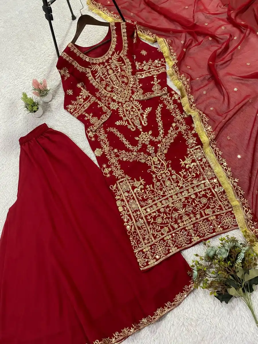 RICH LOOK GEORGETTE SEQUENCE EMBROIDERY WITH DIAMOND WORK TOP PALAZZO WITH DUPATTA FESTIVE WEAR WHOLESALE PRICE ETHNIC GARMENT (6)