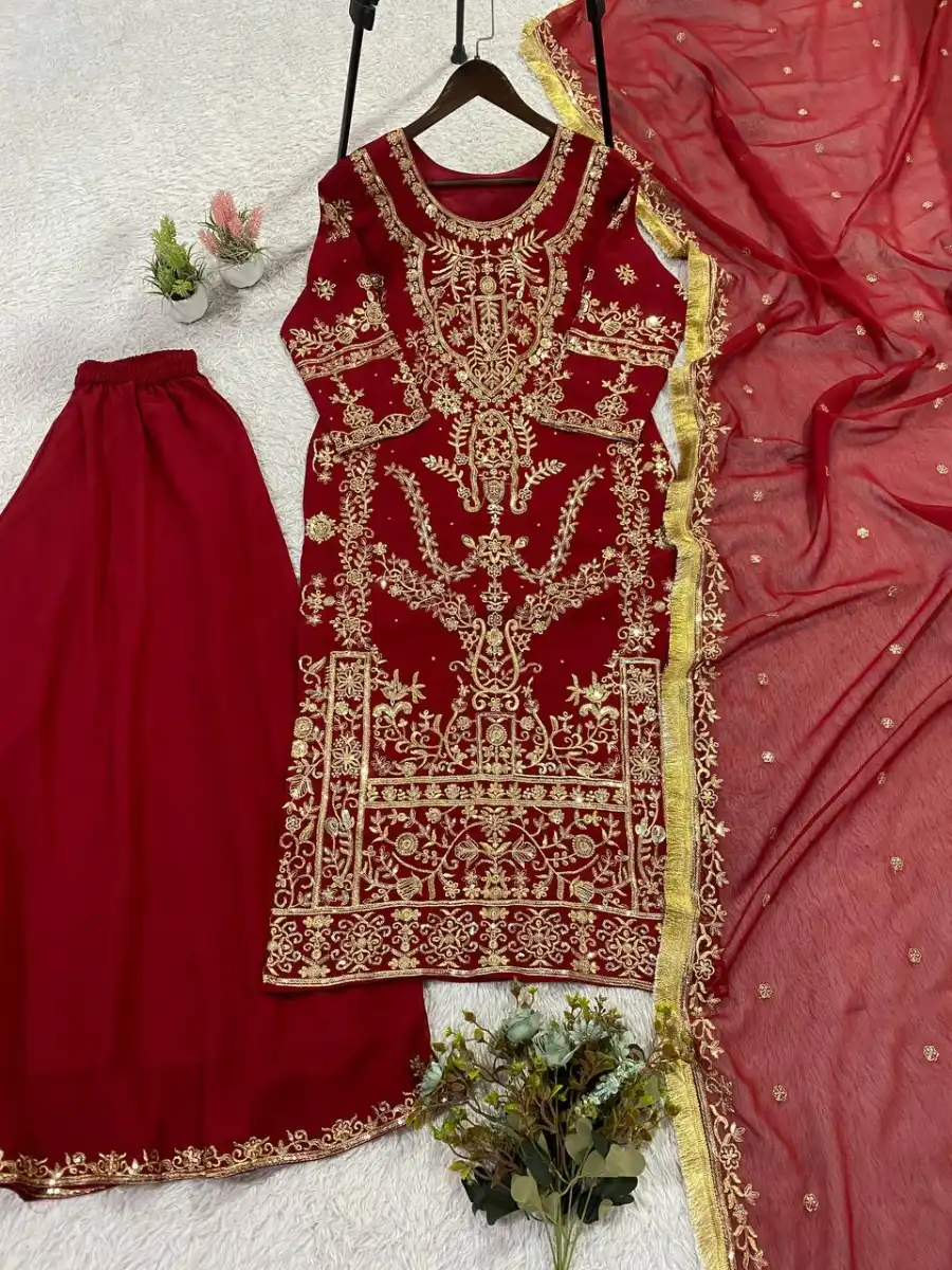 RICH LOOK GEORGETTE SEQUENCE EMBROIDERY WITH DIAMOND WORK TOP PALAZZO WITH DUPATTA FESTIVE WEAR WHOLESALE PRICE ETHNIC GARMENT (7)