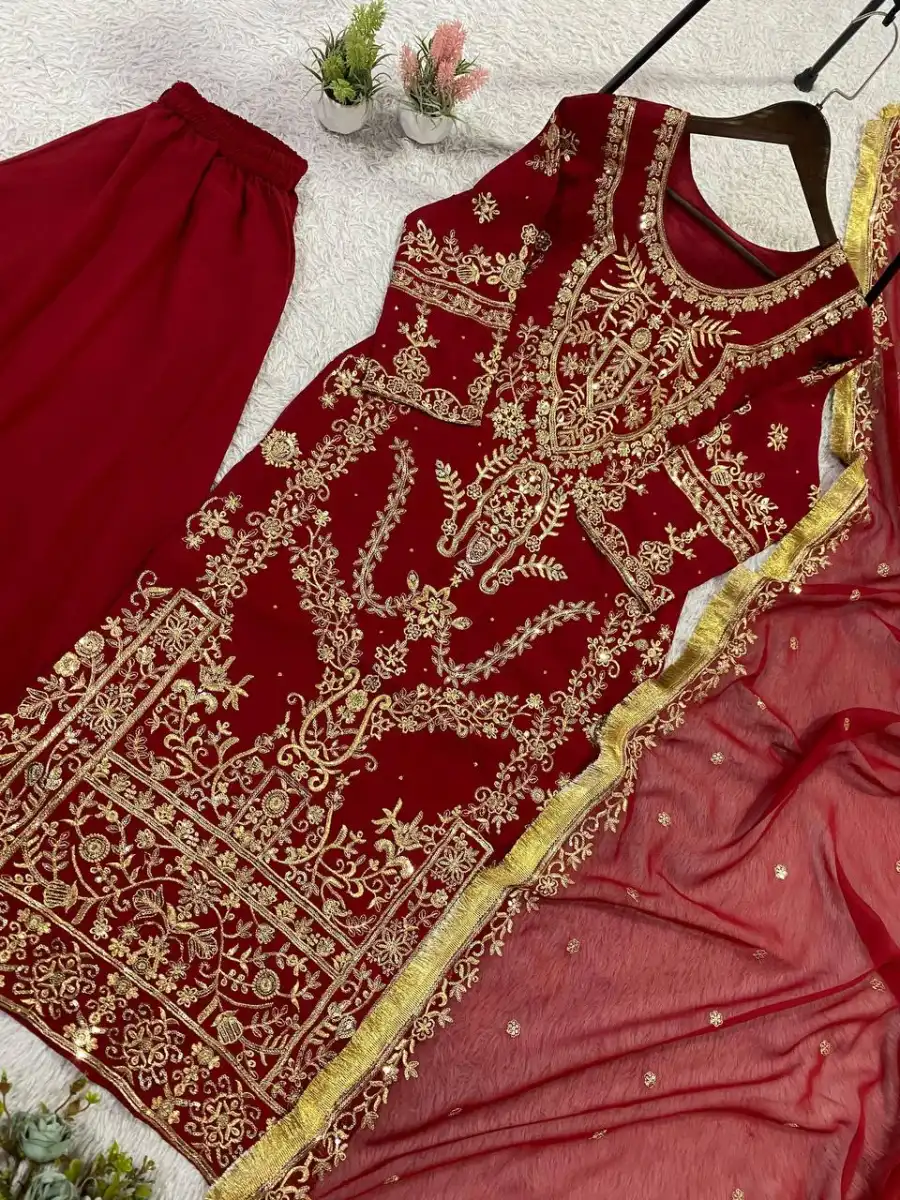 RICH LOOK GEORGETTE SEQUENCE EMBROIDERY WITH DIAMOND WORK TOP PALAZZO WITH DUPATTA FESTIVE WEAR WHOLESALE PRICE ETHNIC GARMENT (9)