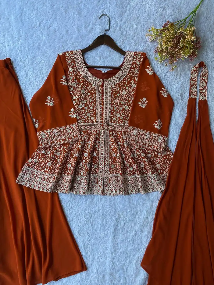 RICH LOOK GEORGETTE SEQUENCE EMBROIDERY WORK TOP PALAZZO WITH DUPATTA WEDDING WEAR WHOLESALE PRICE ETHNIC GARMENT (11)