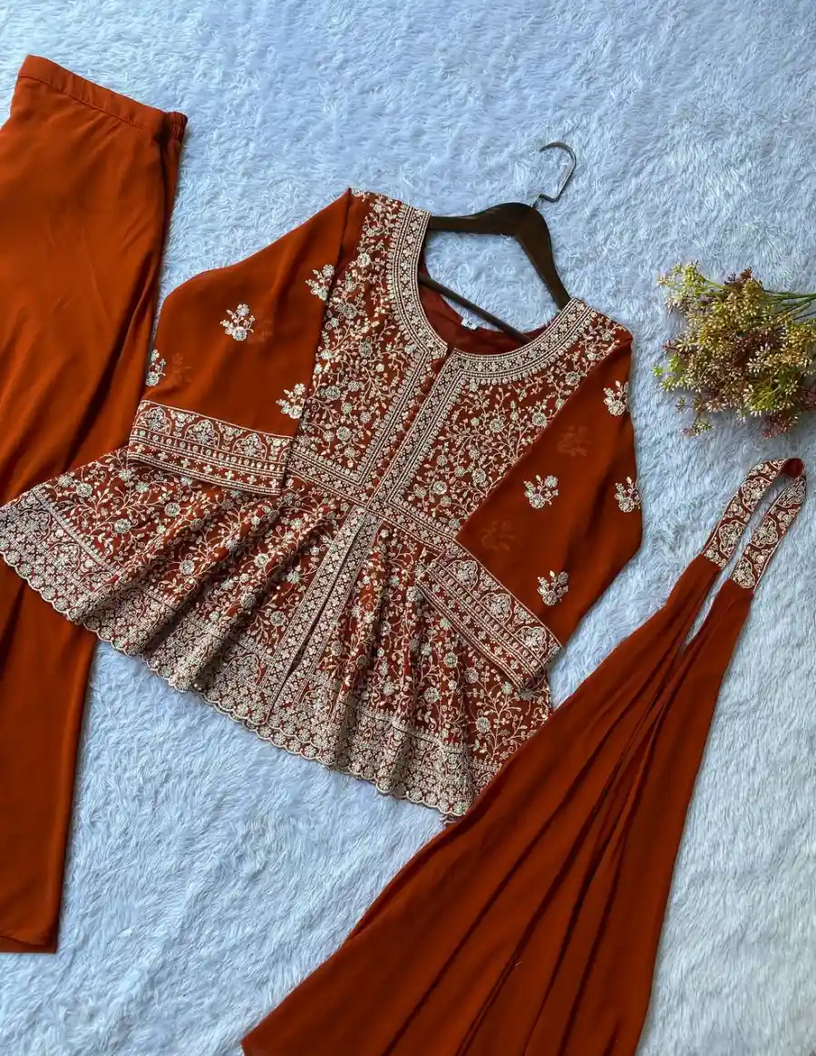 RICH LOOK GEORGETTE SEQUENCE EMBROIDERY WORK TOP PALAZZO WITH DUPATTA WEDDING WEAR WHOLESALE PRICE ETHNIC GARMENT (12)
