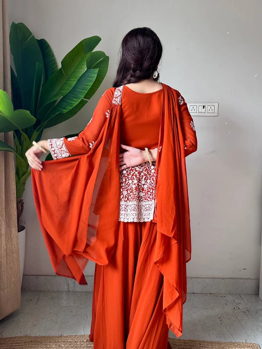 RICH LOOK GEORGETTE SEQUENCE EMBROIDERY WORK TOP PALAZZO WITH DUPATTA WEDDING WEAR WHOLESALE PRICE ETHNIC GARMENT (13)