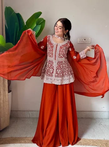 RICH LOOK GEORGETTE SEQUENCE EMBROIDERY WORK TOP PALAZZO WITH DUPATTA ORANGE