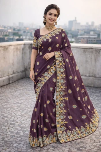 RICH LOOK GEORGETTE SILK THREAD WORK EMBROIDERY WITH PIPING BORDER WORK SAREE WITH UNSTITCHED BLOUSE PURPLE