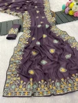 RICH LOOK GEORGETTE SILK THREAD WORK EMBROIDERY WITH PIPING BORDER WORK SAREE WITH UNSTITCHED BLOUSE WEDDING WEAR WHOLESALE PRICE ETHNIC GARMENT (3)