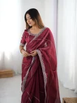 RICH LOOK JMC SILK THREAD & SEQUENCE EMBROIDERY WITH PIPING WORK SAREE WITH UNSTITCHED BLOUSE FESTIVE WEAR WHOLESALE PRICE ETHNIC GARMENT (10)
