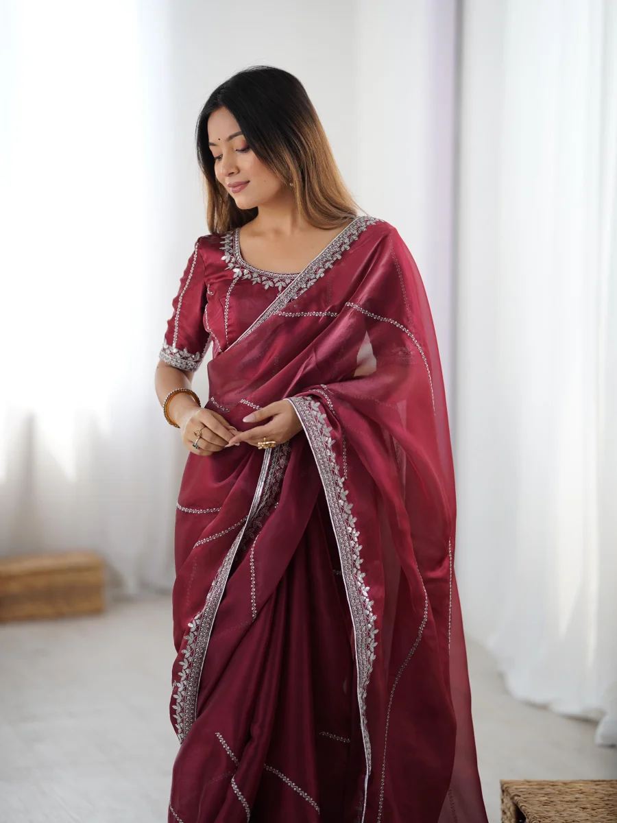 RICH LOOK JMC SILK THREAD & SEQUENCE EMBROIDERY WITH PIPING WORK SAREE WITH UNSTITCHED BLOUSE FESTIVE WEAR WHOLESALE PRICE ETHNIC GARMENT (15)