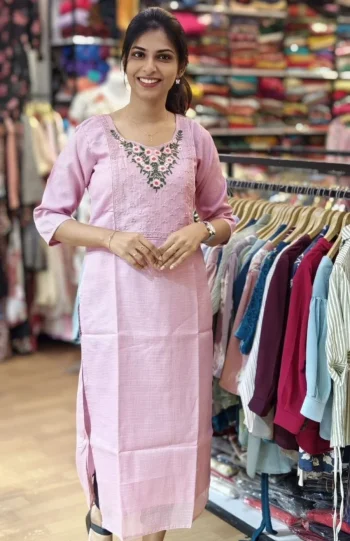RICH LOOK KOTA CHECKS EMBROIDERY WORK ONLY KURTI BABY PINK