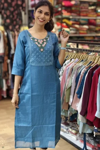 RICH LOOK KOTA CHECKS EMBROIDERY WORK ONLY KURTI TEAL