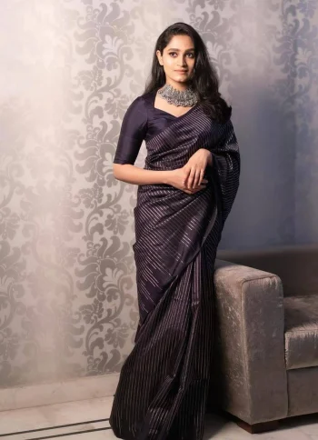 RICH LOOK LICHI SILK JACQUARD WORK SAREE WITH UNSTITCHED BLOUSE BLACK