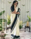 RICH LOOK LICHI SILK JACQUARD WORK SAREE WITH UNSTITCHED BLOUSE OFF WHITE AND BLACK